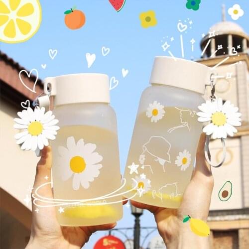 Ins New Cute Daisy Glass Water Bottle Creative Frosted Portable Water Bottle With Rope 500ml Large Capacity Travel Water Cups