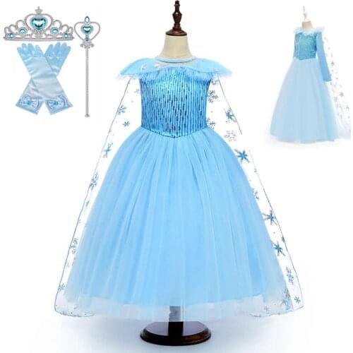 New 2020 Halloween Anna Elsa Girl Snowflake Print Costume Winter Long Sleeve Princess Party Cosplay Costume Child Dress