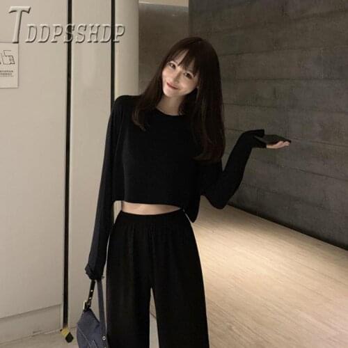 2020 New Korean Fashion Women Sets Casual T Shirt And Wide Leg Pants Female Sets