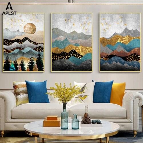 Landscape Print Painting On Canvas Nordic Forest Tree Sun Mountain Geometric Posters Wall Art Picture for Living Room Bedroom