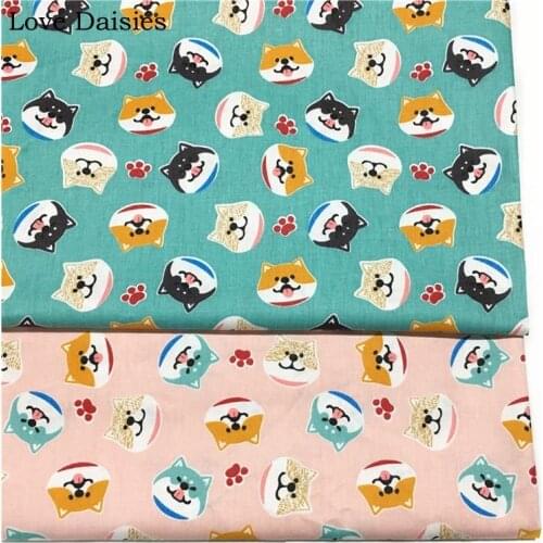 100% cotton twill cloth cartoon GREEN PINK Akita dogs red footprint fabric for DIY crib bedding dog apparel handwork home decor