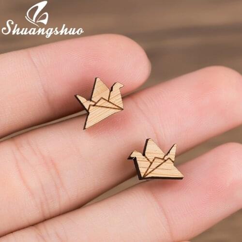 Shuangshuo Handmade Creative Paper Crane Origami Womens Earrings Wooden Origami Crane Stud Earrings Accessories Animal Jewelry