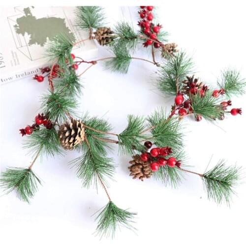 Pine Branch Red Berry Simulation Rattan Hanging Artificial Pine Cones Vine Christmas Decorative Green Garland Leaves Wreath