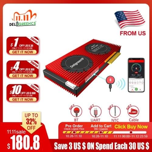 US Shipping 4S12V Lithium Battery BMS 200A for LifePO4 Battery Pack UART Bluetooth App Control SOC Voltage Current Management