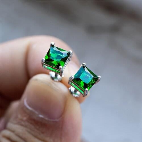 Vintage Silver Color Wedding Earrings Luxury Green Crystal Zircon Stud Earrings Small Square Stone Screw Back Earrings For Women