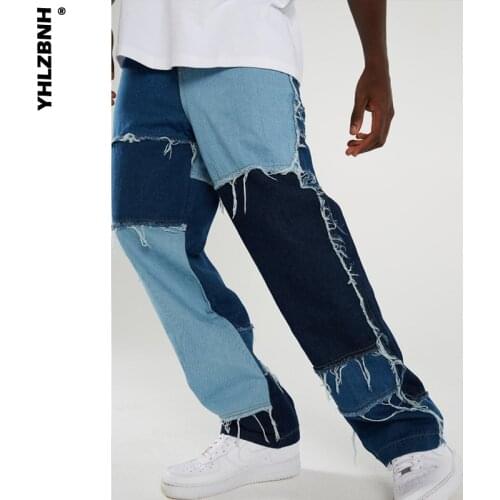 YHLZBNH Men Straight Jeans Trousers Fashion Vintage Frayed Patchwork Color Block Denim Pants Men Casual Trousers Ripped Bottoms