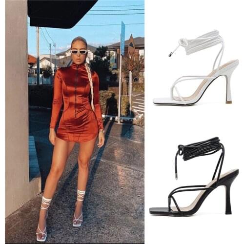 PCUAN Summer women sandals narrow band vintage square toe high heels cross strap thong sandals women V shape design shoes women