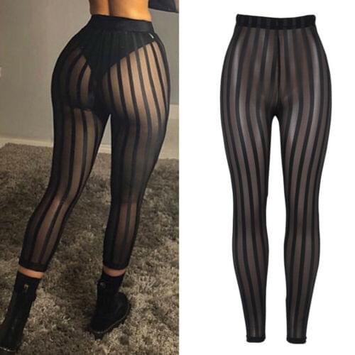 Meihuida Hot Womens Sexy Stretchy Leggings Trousers Pants Striped Perspective Mesh Pants