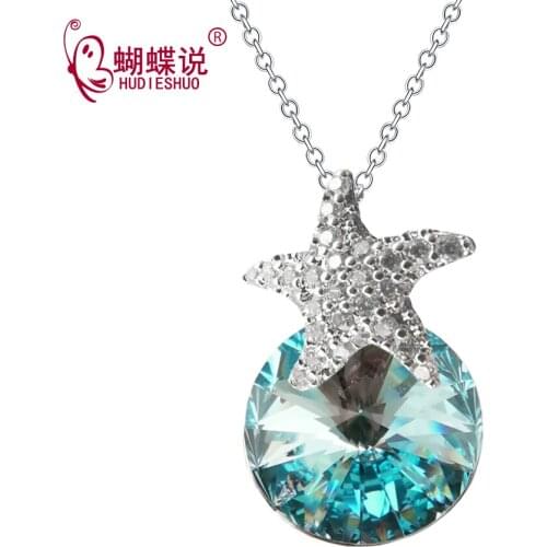 Women Silver Color Necklace Embellished with crystals from Austria Female Necklace with Zircon pentagram Round Pendant Jewelry