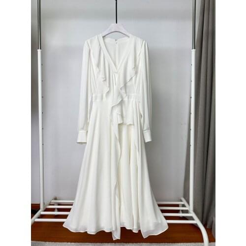 V-neck three-dimensional cutting asymmetric Ruffle white dress temperament