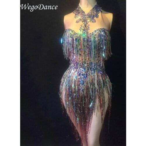 Hot sale Colorful Fringes Rhinestones Bodysuit Women Stage Dance Costume Nightclub Dance Female Singer Show Bright Leotard