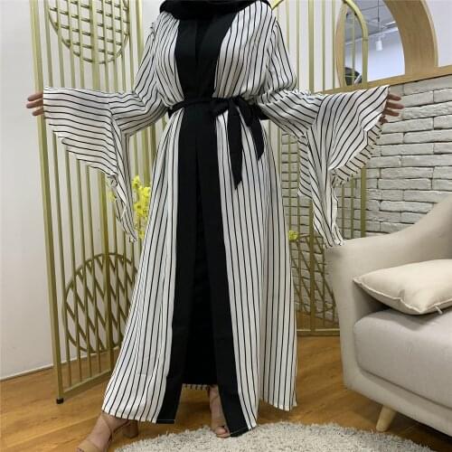 Plus Size Women Abaya Dress Flare Sleeve Kaftan Islam Striped Cardigan Muslim Hijab Dress Abayas Turkey Islamic Clothing Robe