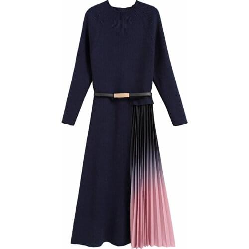 2021 Knitted Dress Women Autumn Winter Dress Slim Stitching Gradient Color Pleated Sweater Dress Long Sleeve Office Ladies Dress
