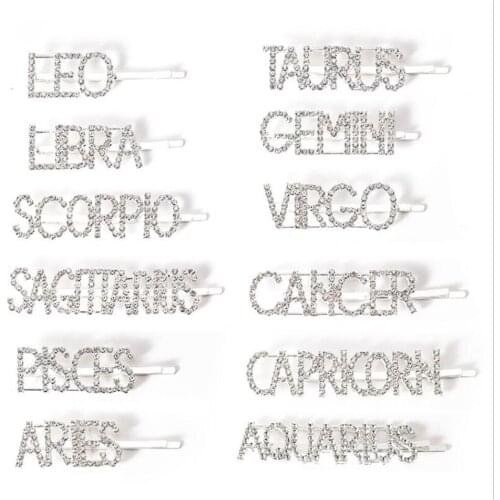 20pcs/lot Constellation semana clipes Dias Grampos de cristal brilhante Rhinestones palavra Letters cabelo das mulheres