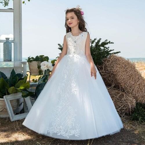 Amaya First Holy Communion Gowns Puffy Lace Appliques Beaded O Neck Sleeveless Flower Girl Dresses for Weddings Vestidos Niñas