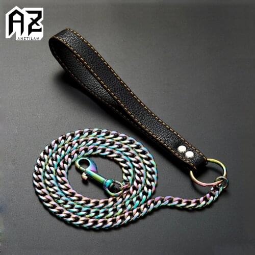 AZ High-Quality Metal Dog Chain Lead For Large Dog Chain Leash Handle Leads PU Leather 316L Stainless Steel Long Chain