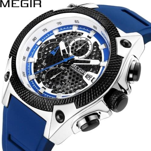 MEGIR Luxury Watches Men Blue Silicone Strap Quartz Wristwatch Male Top Brand Military Chronograph Clock New Relogios Masculino