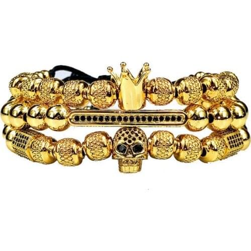 Skull crown micro pave Copper gold silver metal cz Cubic Zirconia rope adjustable Beads Bracelet Charm Braided Bangles yfg3