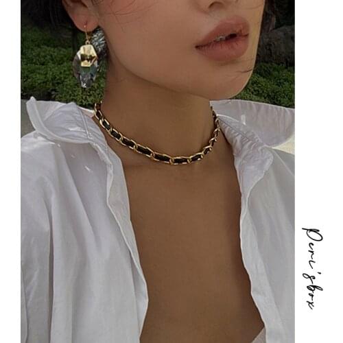 PerisBox Titanium Steel Leather Choker Chunky Flat Wide Chain on The Neck Hip Hop Goth Kpop Necklaces For Women Jewelry 2021