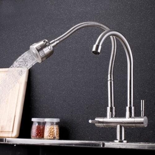 Double handles double heads kitchen faucet modern tap 304 stainless steel brushed surface