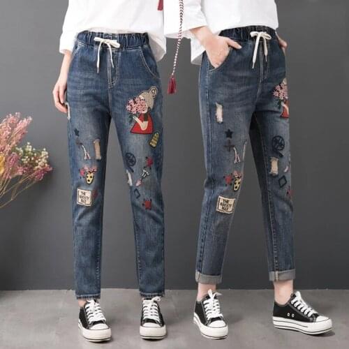 Spring Summer Women Jeans Fashion Korean Vintage Elastic Waist Cartoon Embroidery Drawstring Office Lady Casual Loose Denim Pant