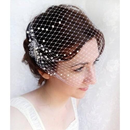 Elegant Women Bridal Hat Pearls Beaded Short Birdcage Net Wedding Hats and Fascinator