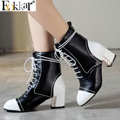 Eokkar 2020 Winter Women Ankle Boots Square High Heel Lace Up All Match Winter Boots Women Shoes Ladies Elegant Boots Size 34-43