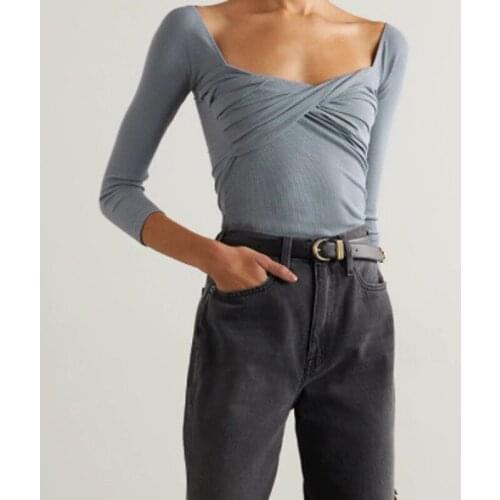 Hot Sale !!! 11.19 Ladies Sexy Square Collar Ribbed Elastic Ruched Criss-Cross Knotted Cotton T-shirt Women Fashion Slim Tee