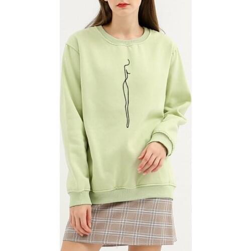Cotton Sweatshirt Vintage Long Sleeve Hoodie Oversize O Neck Pullover for Lady Abstract Line Sweatshirts Women Print Top Winter