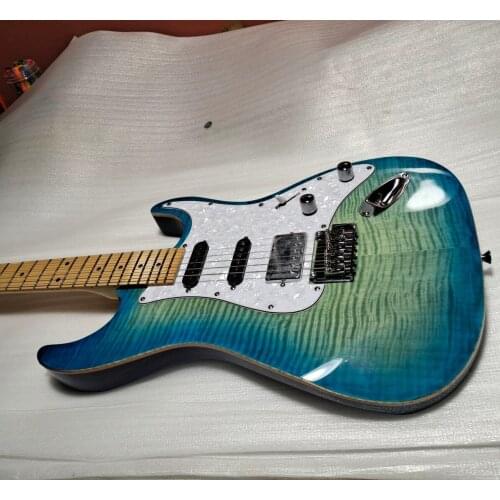 Custom 6 string guitar, blue basswood body,flamed maple veneer,HHS pickups,wood binding,chrome button