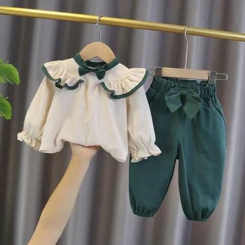 Baby Girls Clothes Sets 2021 Spring Bowknot Blouses Tops Bloomers Pants Sets for Children Clothes Suit Baby Kids Sweet Outfit