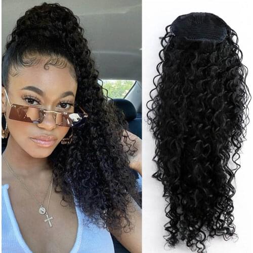 24 30inch Drawstring Afro Kinky Curly Ponytail Synthetic Hair 1B Natural Color Long Extensions Clip in Pony Tail For Black Women