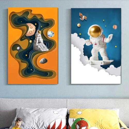2 PCs Childrens Best Gift Wall Arts Picture Gold Star Night Star Astronaut Canvas Painting Wave Nebula Blue Prints and Posters
