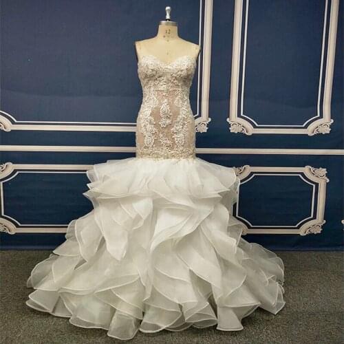 Sweetheart Horse Hair Hem Ruffles Spring Mermaid Bridal Wedding Dress Gown