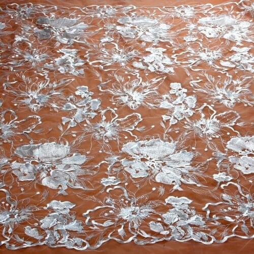 New Off white high quality wedding style ployester with sequins embroidery lace fabric stage party dress lace fabric by yard