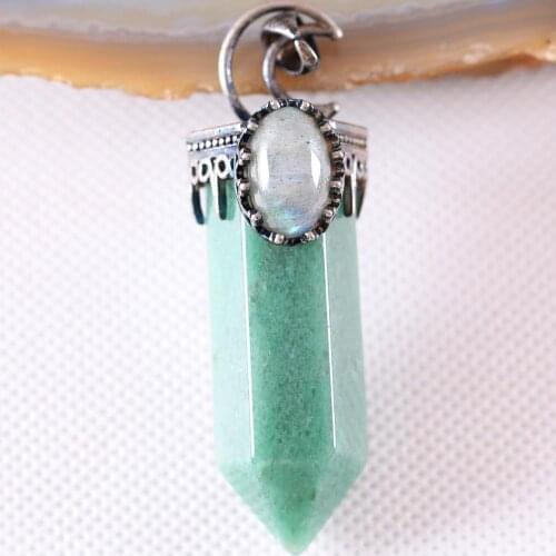 Charm Necklace Pendant Natural Green Aventurine Labradorite Bead Hexagon Antique Crown Half Moon Jewery Gift 1Pcs K795