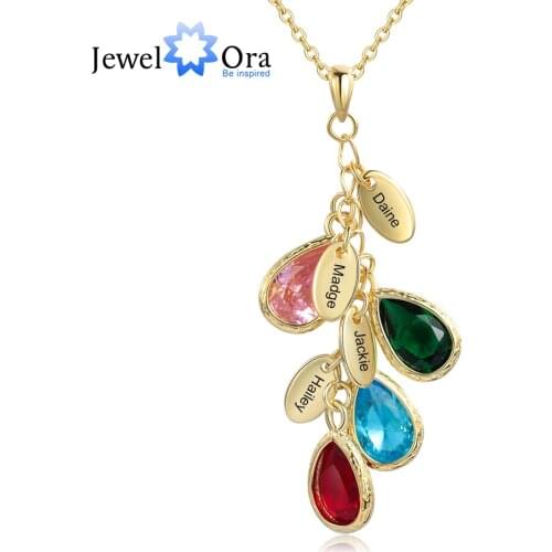 JewelOra Personalized Mother Necklace with 2-5 Custom Birthstones Engraved Family kids Names Water Drop Pendant Necklace Gifts