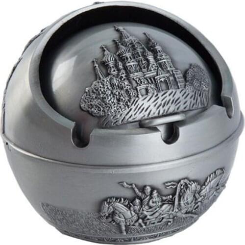 Cigarette Smoking Ash Tray with Lid Windproof Mini Small Size Home Outdoor Tool Russia Style Retro Castle Pattern Metal Ashtray