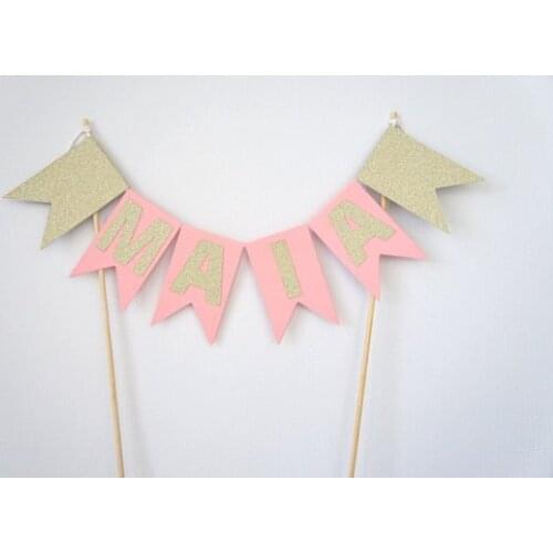 Personalised pink gold glitter name cake bunting topper banner first girl christening baptism Party baby shower decor