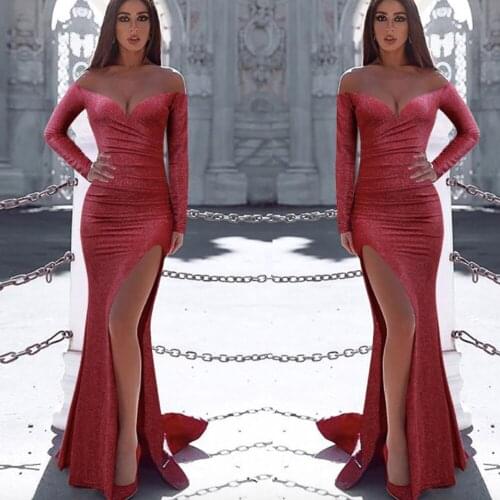 SuperKimJo Red Evening Dresses Long Sleeve Mermaid Cheap Modest Simple Formal Evening Gown Robe De Soiree