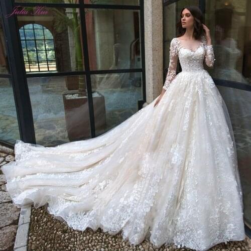 Julia Kui Royal Train A-Line Wedding Dress With Natural Waistline Vintage Appliques Full On The Dress