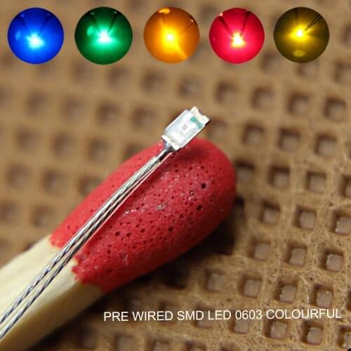 T0603 20pcs SMD 0603 LEDS Lights Pre-soldered Micro PTFE Wire Leads BLUE GREEN ORANGE RED YELLOW SMD Led NEW