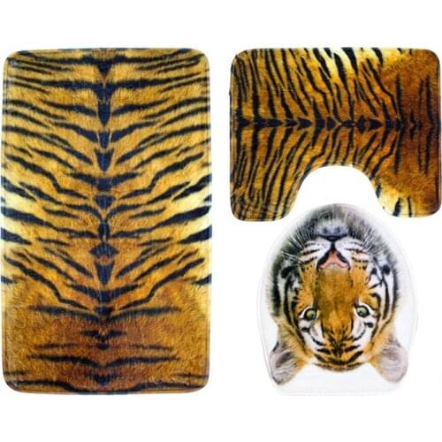 Tiger Leopard Printed Toilet Floor Mat Set Non-Slip Bathroom Carpet Bath Foot Mat Flannrl Toilet Seat Cover Rugs 3-piece Set