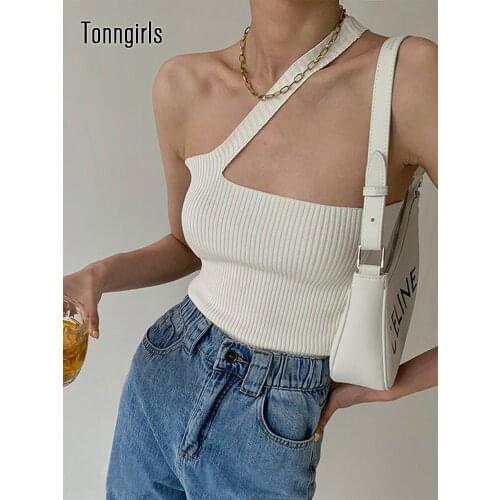 Tonngirls Chic Design Diagonal Shoulder Strap Camis Women Sexy Knit Halter Top Korean Ladies Summer Slim Crop Top Camisole Tank
