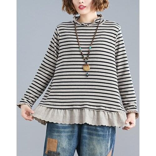 Turtleneck Striped Women T-shirts Ruffles Patchwork Loose Slim All Match Buttoming Shirts Lady Elegant Female Pulls