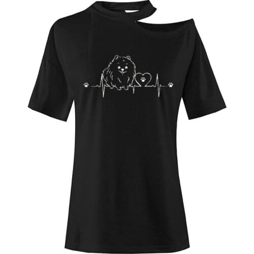 Pomeranian T Shirt Women Short Sleeve Casual Cute Heartbeat Dog Girls Woman TShirt Irregular Sexy Off Shoulders O-Neck Tops Tee