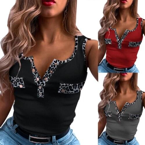Women Stylish Sleeveless V Neck Button Leopard Patchwork Tank Top Vest Blouse Tank Top Vest Blouse Tank Top Vest Blouse Tank Top