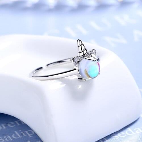 WANGAIYAO unicorn ring female open Korean version of simple and colorful moonstone joint tail ring design niche ring