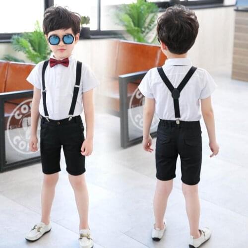 2019 Summer Boys Girls School uniforms suit white Shirt+Shorts +Overall+Tie Wedding Clothing Set Kids Birthday Formal Dress