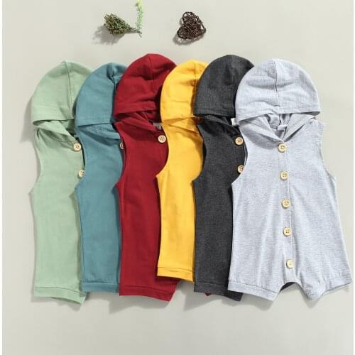 2021 0-24M Summer Infant Baby Girls Boys Hooded Jumpsuit Casual Outfit 6 Colors Solid Button Sleeveless Romper Playsuit Shorts